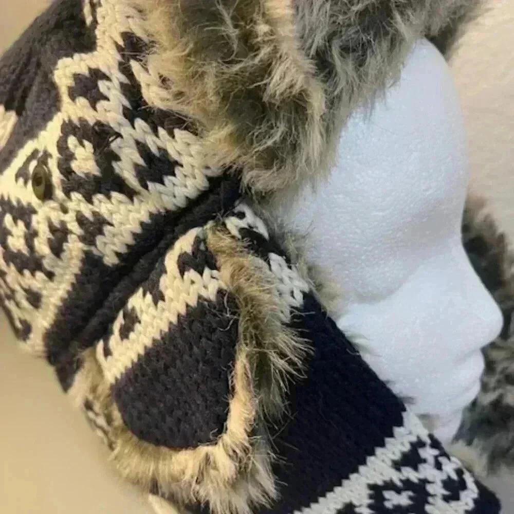 Navy and White Fur Hat Pilot Hat Ear Flaps Winter Ski Hiking